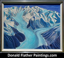 Original landscape painting featuring flowing BC Coastal Mountain Glaciers by renown Canadian Artist, Donald Flather